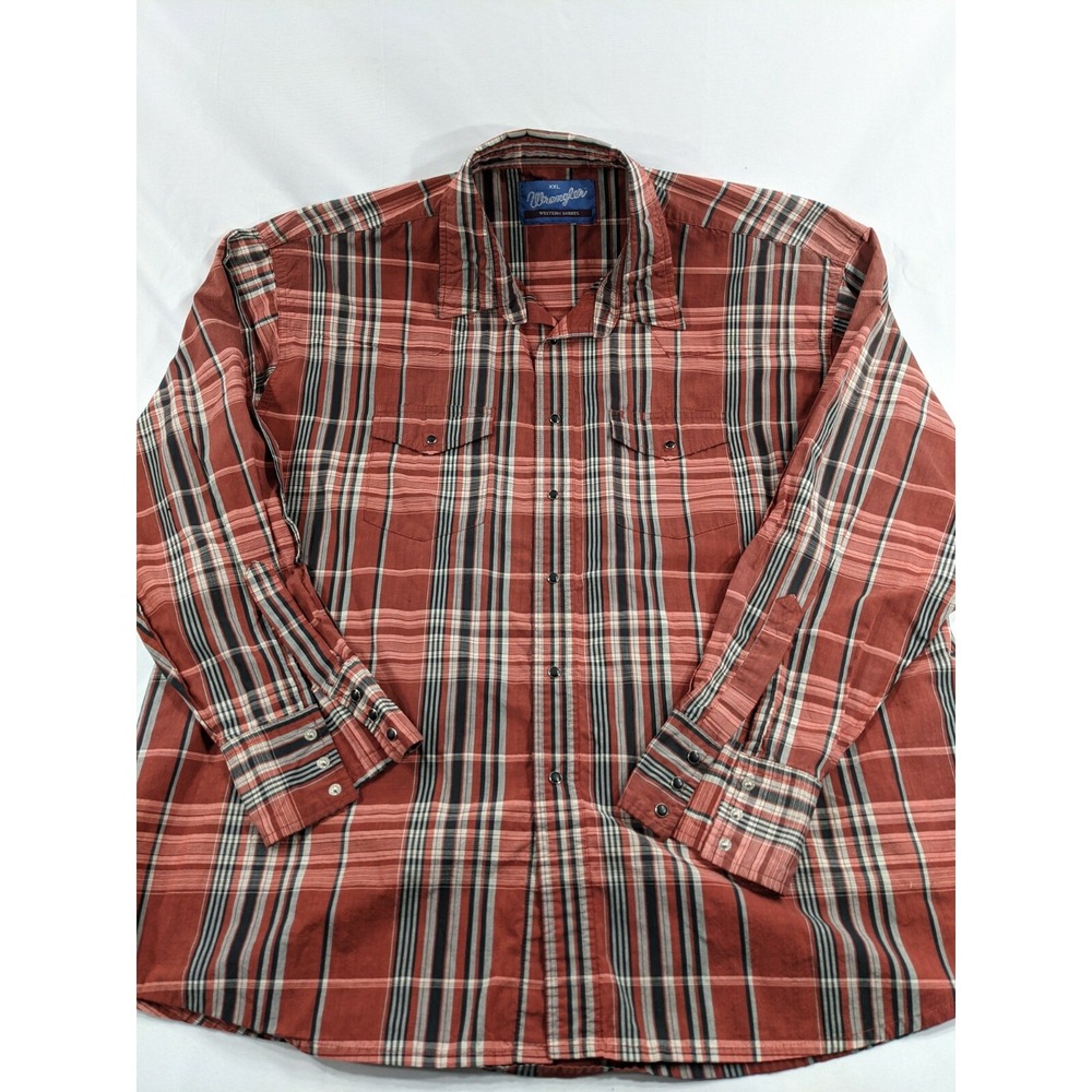 True‎ Vintage Wrangler Rust color Long Sleeve  Plaid Pearl Snap Mens XXL Flaw